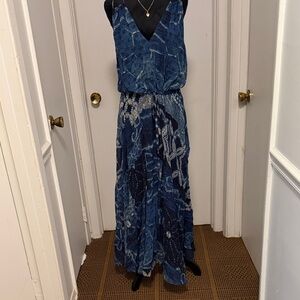 Ralph Lauren Blue Patterned V-Neck Maxi Dress